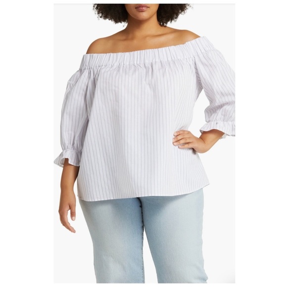 Harshman Coastal Gruner Off Shoulder Linen Blend Top White & Lavender Stripe 3X - Picture 3 of 13